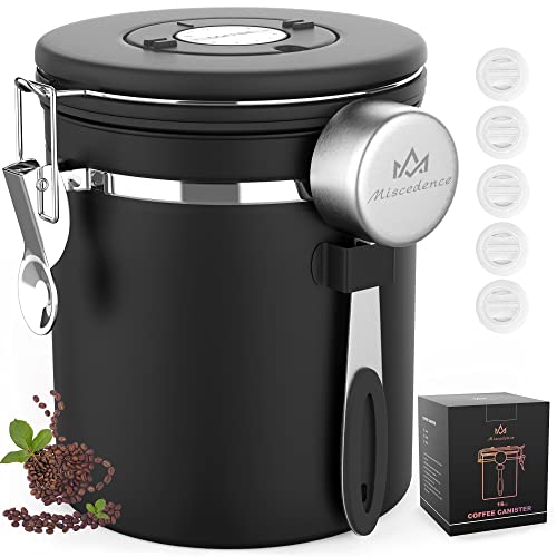 Miscedence Coffee canister for ground coffee with Scoop Date Tracker One Way Co2 Valve 304 Stainless Steel Kitchen Food Airtight storage container for Coffee BeansGroundsTeaSugar Black 16oz