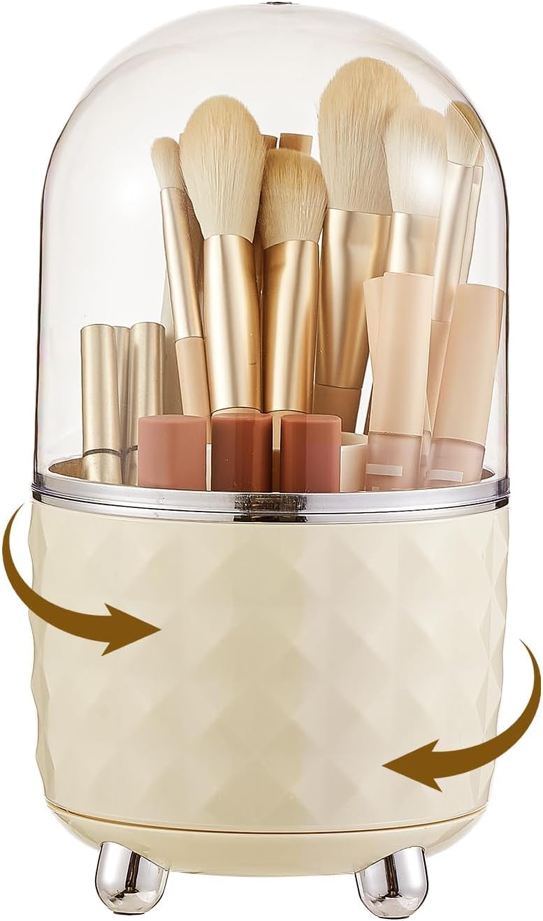 KASTWAVE Makeup Brush Holder with Dustproof Lid, 360 Rotating Makeup Brush Organizer, Brushes Cup for Cosmetics, Nail Polish, Bathroom Vanity - Image 1