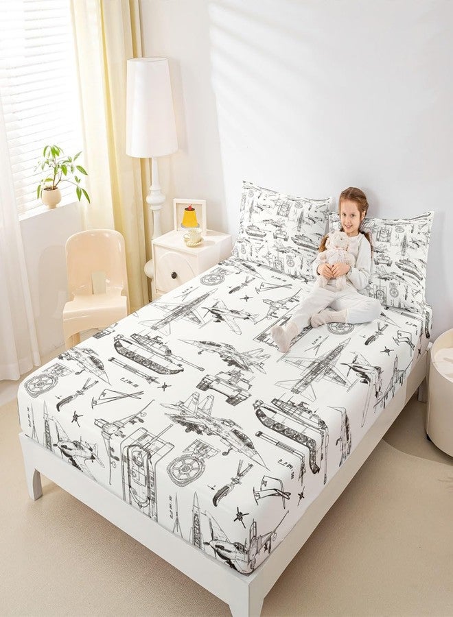 Castle Fairy Kids Aircraft Fitted Sheet Twin Size,Army Style Tank Cars Bed Sheet 2Pcs,Sketch Military Theme Bedding Set for Boys Teens Men Bedroom Decor,Fashion Grey White Deep Pocket Sheet,1 Pillowcase - Image 3