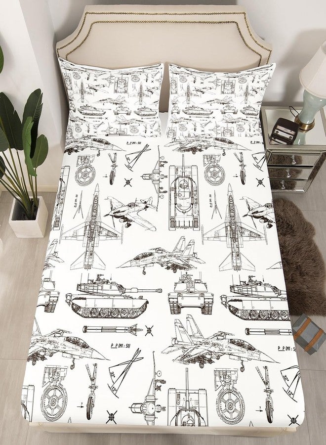 Castle Fairy Kids Aircraft Fitted Sheet Twin Size,Army Style Tank Cars Bed Sheet 2Pcs,Sketch Military Theme Bedding Set for Boys Teens Men Bedroom Decor,Fashion Grey White Deep Pocket Sheet,1 Pillowcase - Image 5
