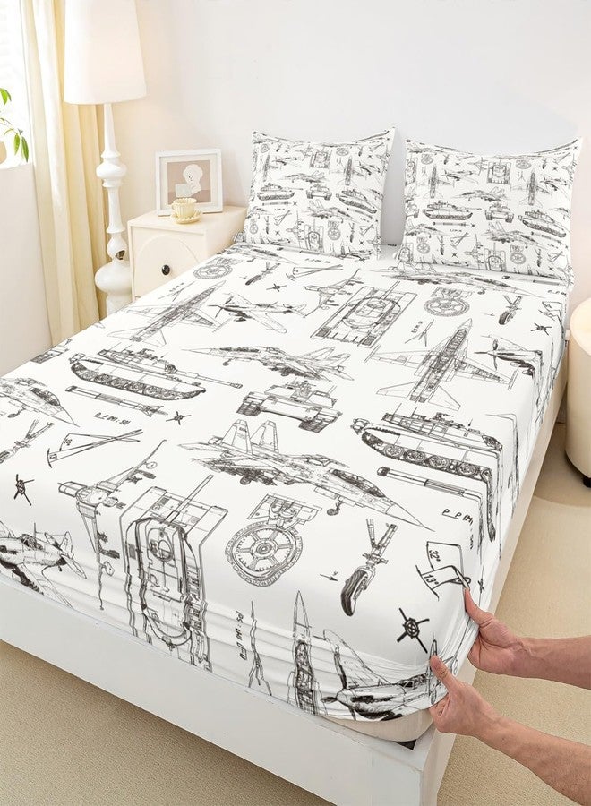 Castle Fairy Kids Aircraft Fitted Sheet Twin Size,Army Style Tank Cars Bed Sheet 2Pcs,Sketch Military Theme Bedding Set for Boys Teens Men Bedroom Decor,Fashion Grey White Deep Pocket Sheet,1 Pillowcase - Image 1