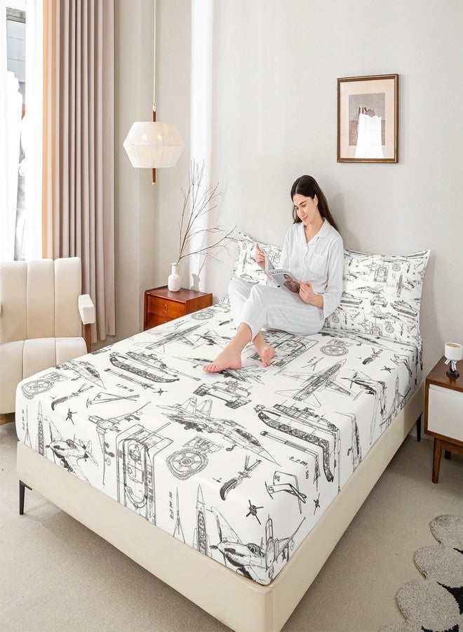 Castle Fairy Kids Aircraft Fitted Sheet Twin Size,Army Style Tank Cars Bed Sheet 2Pcs,Sketch Military Theme Bedding Set for Boys Teens Men Bedroom Decor,Fashion Grey White Deep Pocket Sheet,1 Pillowcase - Image 2