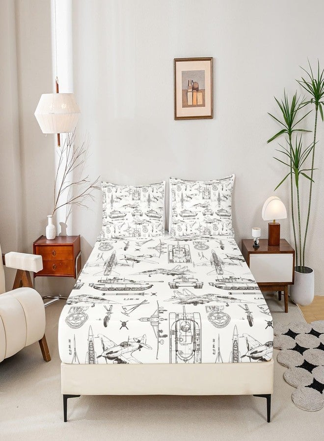 Castle Fairy Kids Aircraft Fitted Sheet Twin Size,Army Style Tank Cars Bed Sheet 2Pcs,Sketch Military Theme Bedding Set for Boys Teens Men Bedroom Decor,Fashion Grey White Deep Pocket Sheet,1 Pillowcase - Image 4