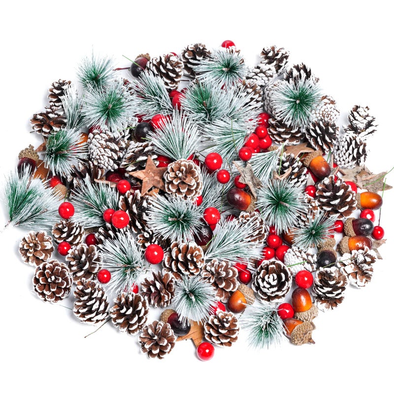 cnomg 216pcs Artificial Pine Cones Pine Branch Set Fake Natural Pinecones Acorns Red Berries Christmas Decor Ornaments for Home Winter Decorations 216 Multicolor