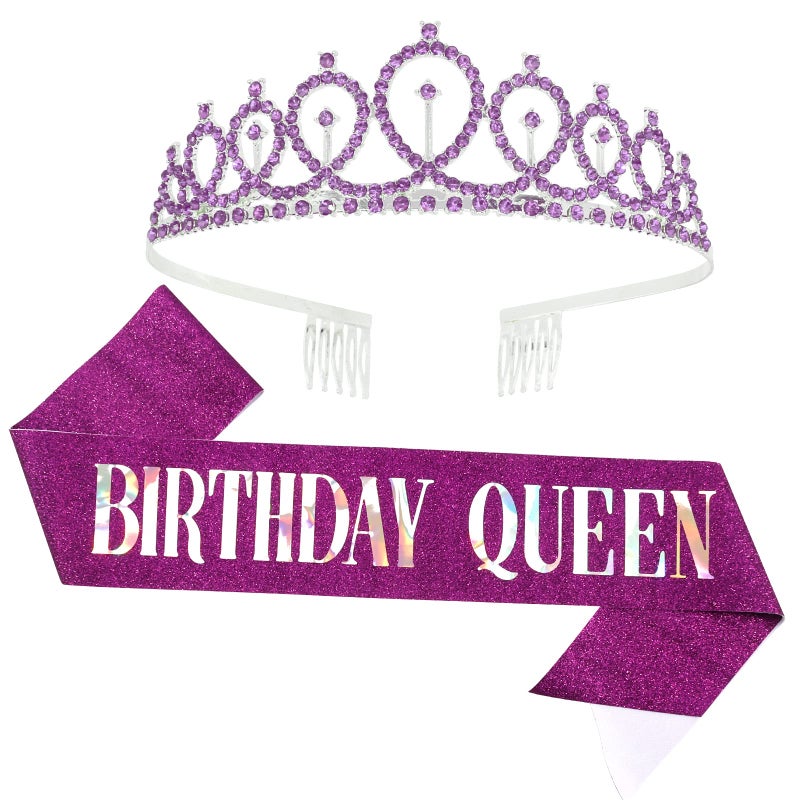 CAVETEE Silver Birthday Crown and Sash Set - Queen Rhinestone Tiara for Women, Purple Birthday Decorations - Image 1