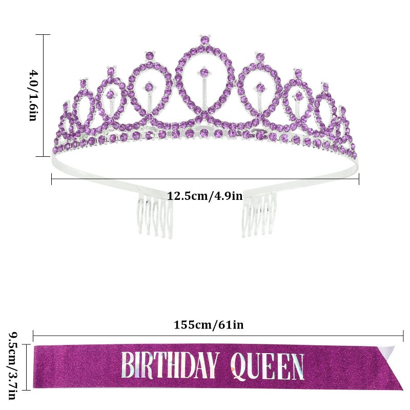 CAVETEE Silver Birthday Crown and Sash Set - Queen Rhinestone Tiara for Women, Purple Birthday Decorations - Image 3