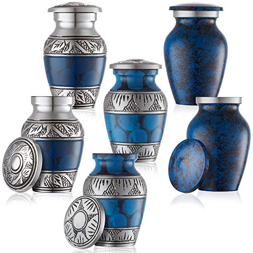 Reminded Small Cremation Urns for Human Ashes, Mini Keepsake Set of 6 Blue and Silver with Velvet Case - Image 2