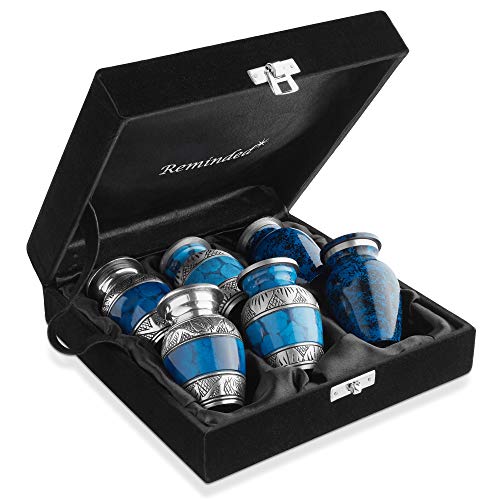 Reminded Small Cremation Urns for Human Ashes, Mini Keepsake Set of 6 Blue and Silver with Velvet Case - Image 1
