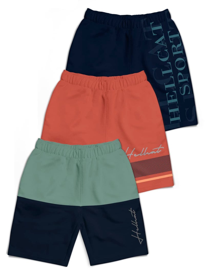 HELLCAT Pack of 3 Trendy Typographic Printed Mid Rise Shorts for Boys - Sea Green/Orange/Navy Blue_15-16 Years - Image 1