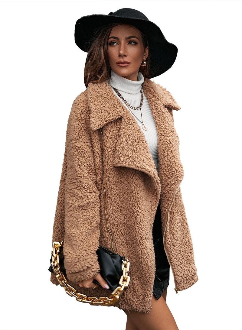 Loquat Casual Loose Thick Lapel Cashmere Coat Brown  - Image 1