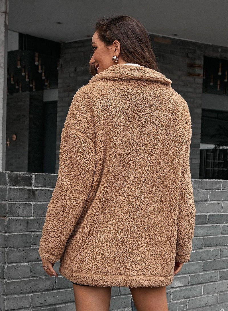 Loquat Casual Loose Thick Lapel Cashmere Coat Brown  - Image 2