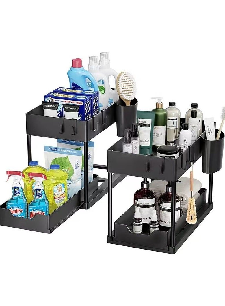 CityRiya-Long Under Sink Organizer 2 Pack, Bathroom Cabinet Organizer, Sliding Cabinet Basket Organizer Drawer, Bath Collection Baskets, Pull-Out Storage Organizers with 1 Hanging Cup & 4 hooks, Storage Shelf for Kitchen - Image 1