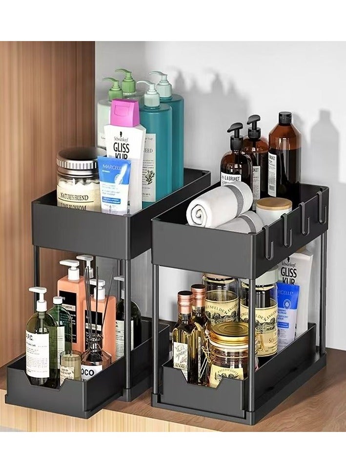 CityRiya-Long Under Sink Organizer 2 Pack, Bathroom Cabinet Organizer, Sliding Cabinet Basket Organizer Drawer, Bath Collection Baskets, Pull-Out Storage Organizers with 1 Hanging Cup & 4 hooks, Storage Shelf for Kitchen - Image 2