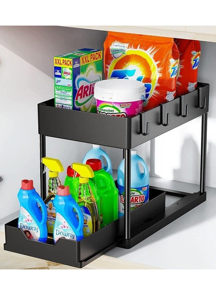 CityRiya-Long Under Sink Organizer 2 Pack, Bathroom Cabinet Organizer, Sliding Cabinet Basket Organizer Drawer, Bath Collection Baskets, Pull-Out Storage Organizers with 1 Hanging Cup & 4 hooks, Storage Shelf for Kitchen - Image 3