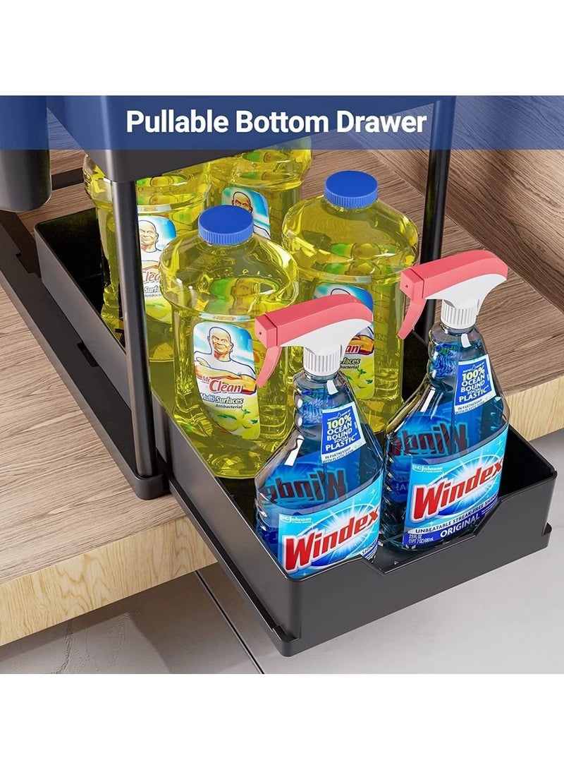 CityRiya-Long Under Sink Organizer 2 Pack, Bathroom Cabinet Organizer, Sliding Cabinet Basket Organizer Drawer, Bath Collection Baskets, Pull-Out Storage Organizers with 1 Hanging Cup & 4 hooks, Storage Shelf for Kitchen - Image 5