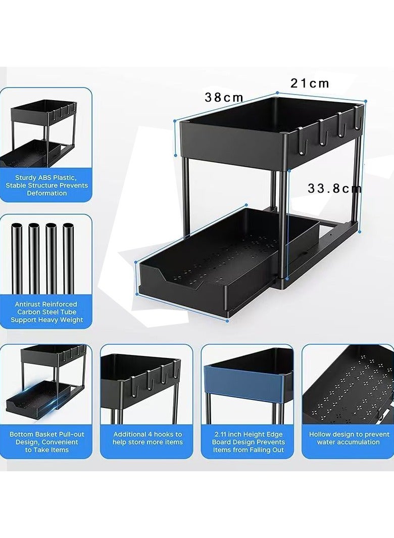 CityRiya-Long Under Sink Organizer 2 Pack, Bathroom Cabinet Organizer, Sliding Cabinet Basket Organizer Drawer, Bath Collection Baskets, Pull-Out Storage Organizers with 1 Hanging Cup & 4 hooks, Storage Shelf for Kitchen - Image 4