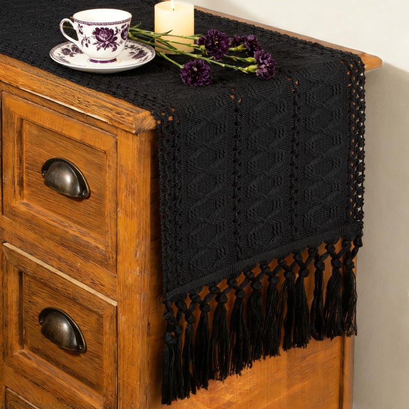 FEXIA Black Table Runner with Tassels 72 Inch Macrame Boho Farmhouse Table Runner for Bedroom Dining Room Decor