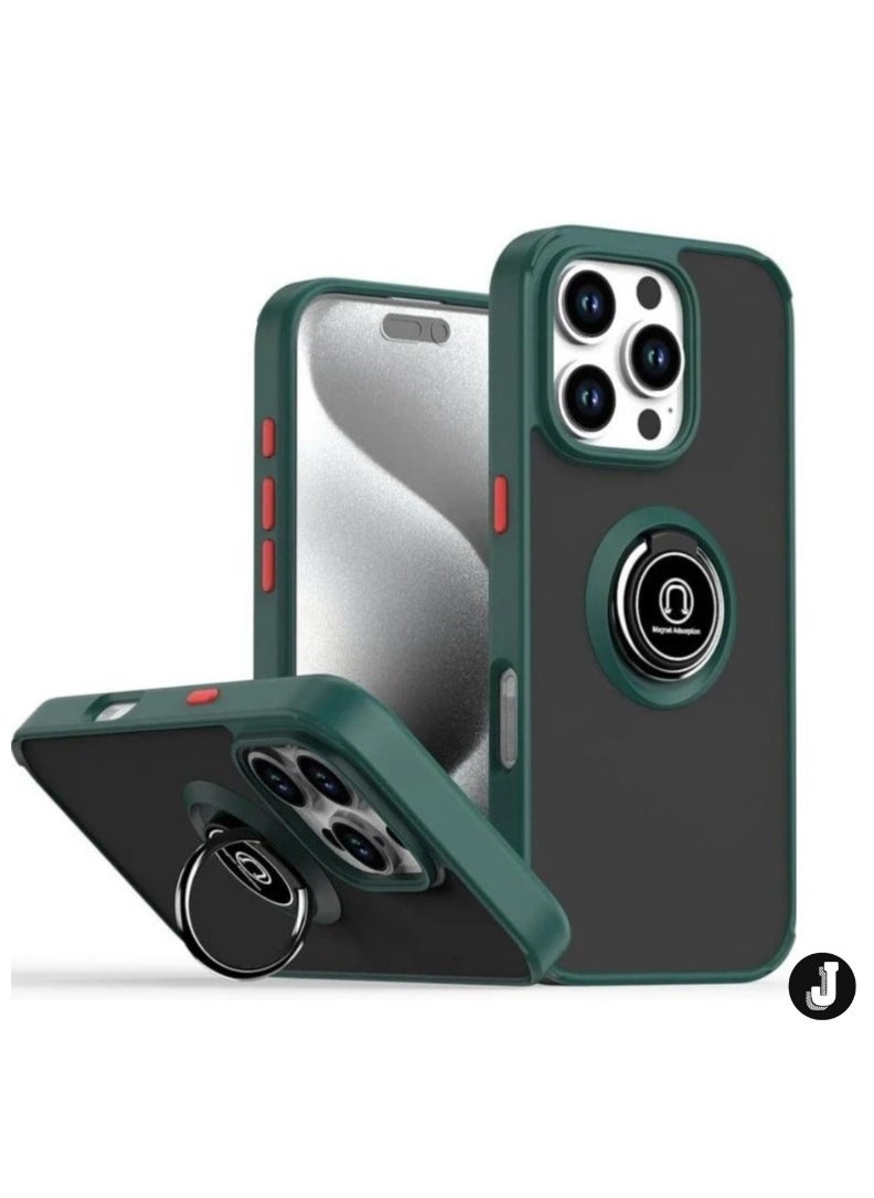 JAJEEK iPhone 16 Pro Case Cover – Green Matte Shockproof Bumper with Metal Ring Holder Kickstand & Car Magnetic Mount - Image 1