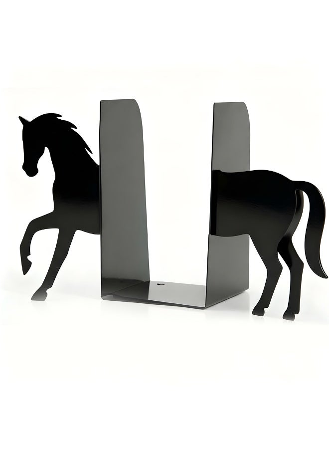 Horse Design Decorative Bookend Stand – Modern Black Metal Book Holder