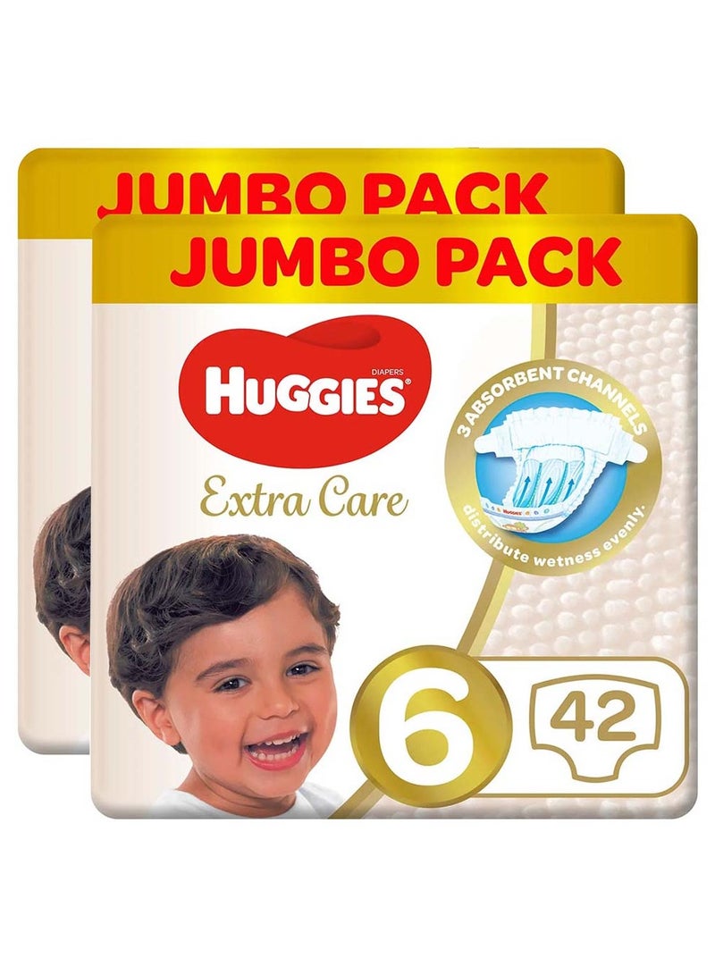 هجيز حفاضات أطفال هجيز إكسترا كير، مقاس 6، لوزن 15+ كجم، عبوة ترويجية ضخمة مكونة من 2 × 42 حفاضة