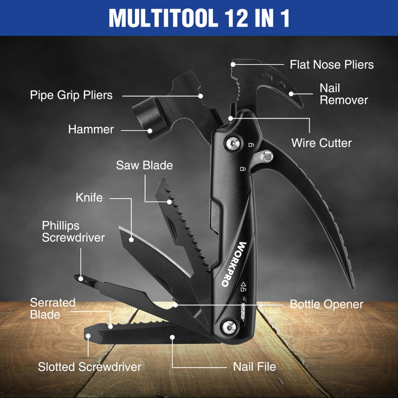 WORKPRO Multitool-12 in 1 Camping Tools with Mini Hammer-EDC Gear Multi Tools Hammer with Safety Lock and Pouch-Mini Multitools Gifts for Men and Women - Image 2