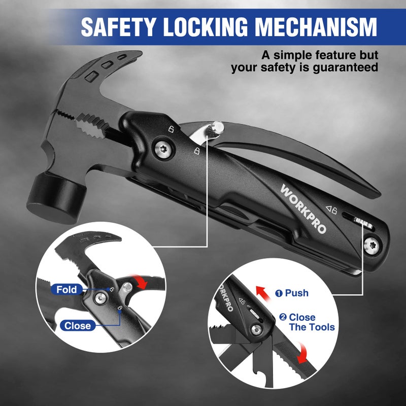WORKPRO Multitool-12 in 1 Camping Tools with Mini Hammer-EDC Gear Multi Tools Hammer with Safety Lock and Pouch-Mini Multitools Gifts for Men and Women - Image 4