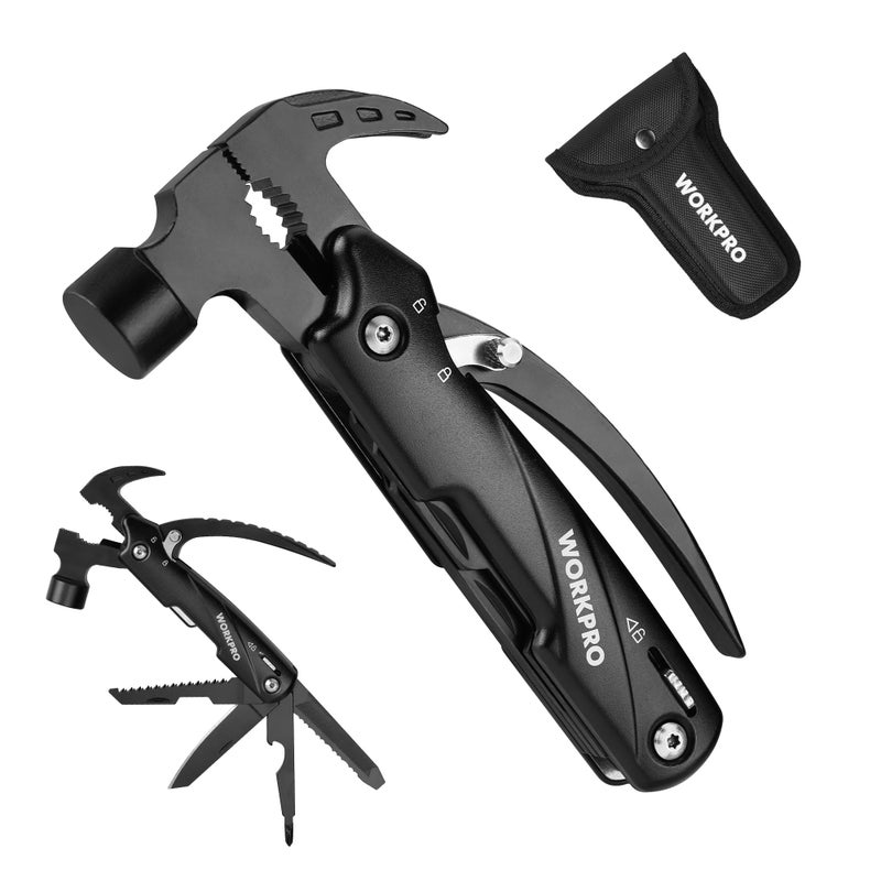 WORKPRO Multitool-12 in 1 Camping Tools with Mini Hammer-EDC Gear Multi Tools Hammer with Safety Lock and Pouch-Mini Multitools Gifts for Men and Women - Image 1
