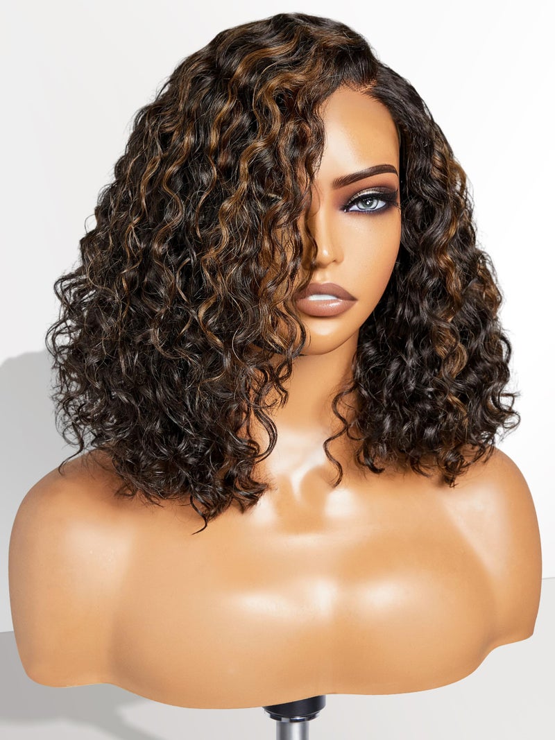 LUVME HAIR 12 Curly Glueless Wigs Human Hair Pre Plucked Pre Cut Undetectable HD Lace Curly Bob Wig Human Hair Short Black Wig with Blonde Highlights Ready to Go Wig 180 Density