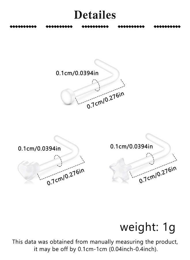 MODRSA 18g Clear Nose Studs Clear Nose Rings for Work L Shaped Plastic Piercing Retainers for Surgery Sport School Small Tiny Bioflex Invisible Nostril Piercing Spacers Retainer Star Heart 18 gauge - Image 2