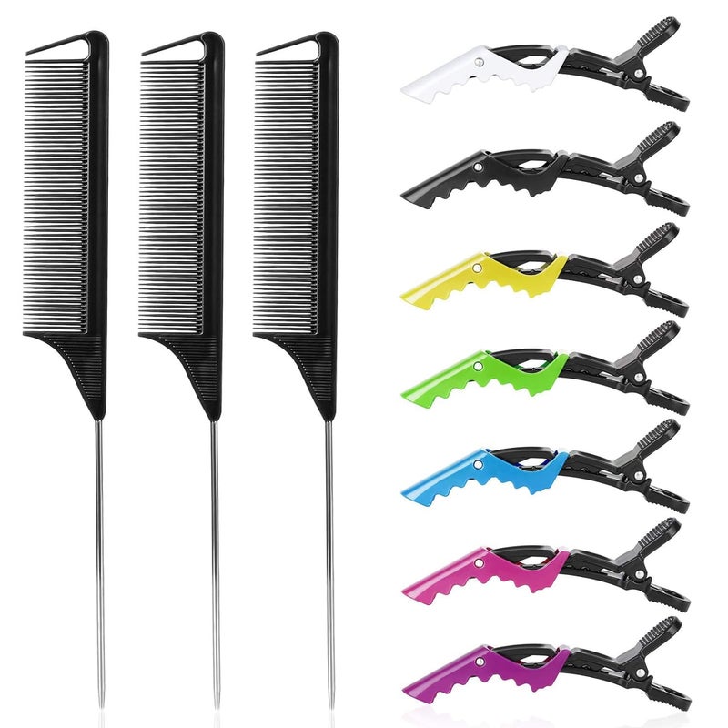 Rat Tail Comb Hair Clips Set 3Pcs Rat Tail Combs Hair Styling Combs for Women and 7 Professional Sectioning Hair Clips Black