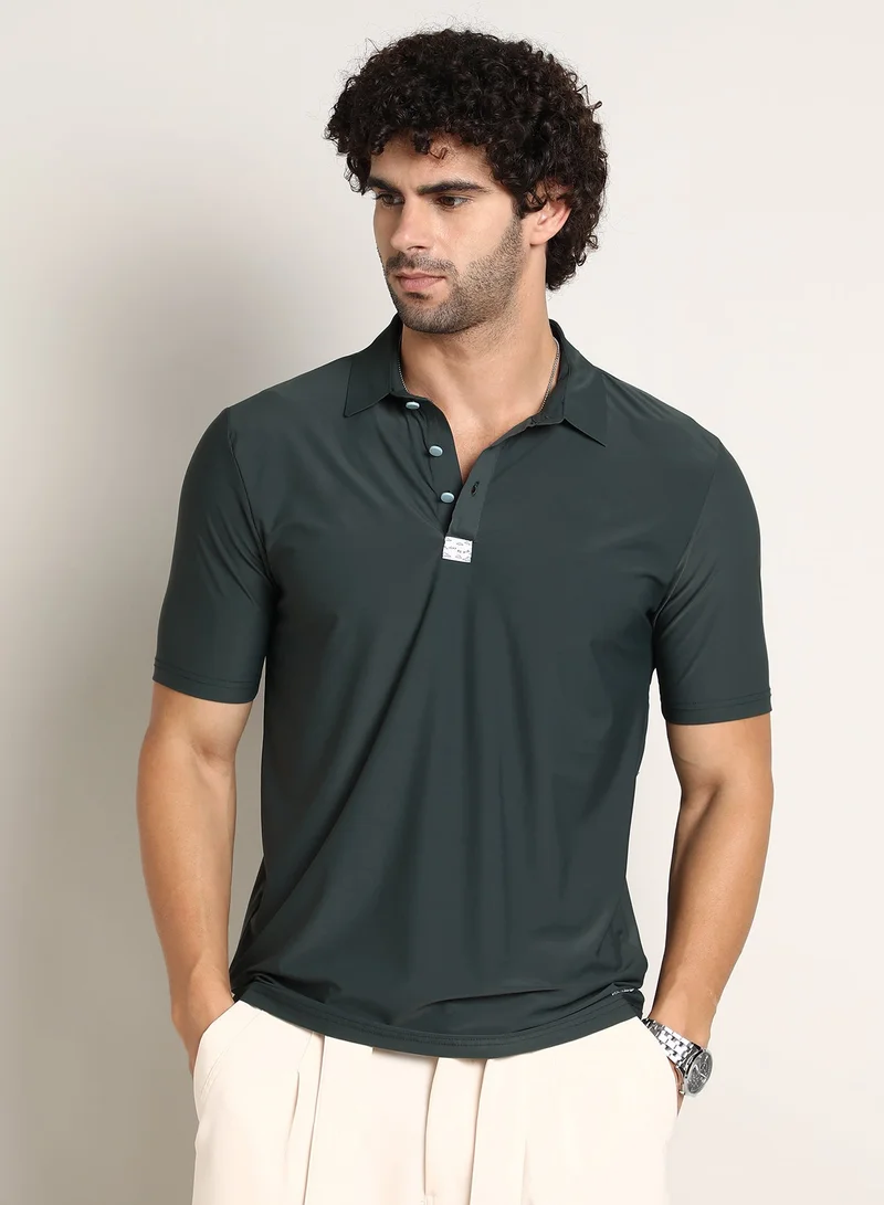 كامبوس سوترا Men's Sacramento Green Seamless Solid Polo T-Shirt For Casual Wear | Polo Neck | Short Regular Sleeves | Half-Button Closure | T-Shirt Crafted With Comfort Fit For Everyday Wear