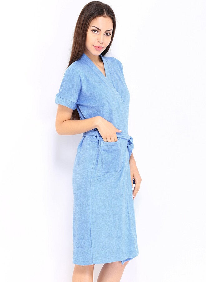 Red Rose RedRose Blue Solid Cotton Drawstring Knee Length Bath Robe - XL - Image 3