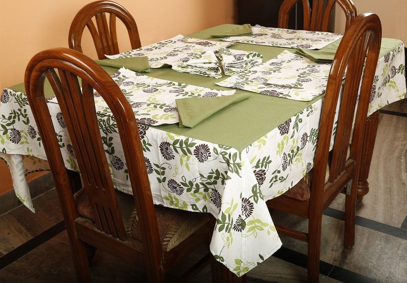 Dekor World Floral Printed Green Rectangle Table Cover with Place Mat & Napkin (Pack of 25) 150X275 Cm / 60X108 Inches for 8 Seater Dinning Table - Image 1