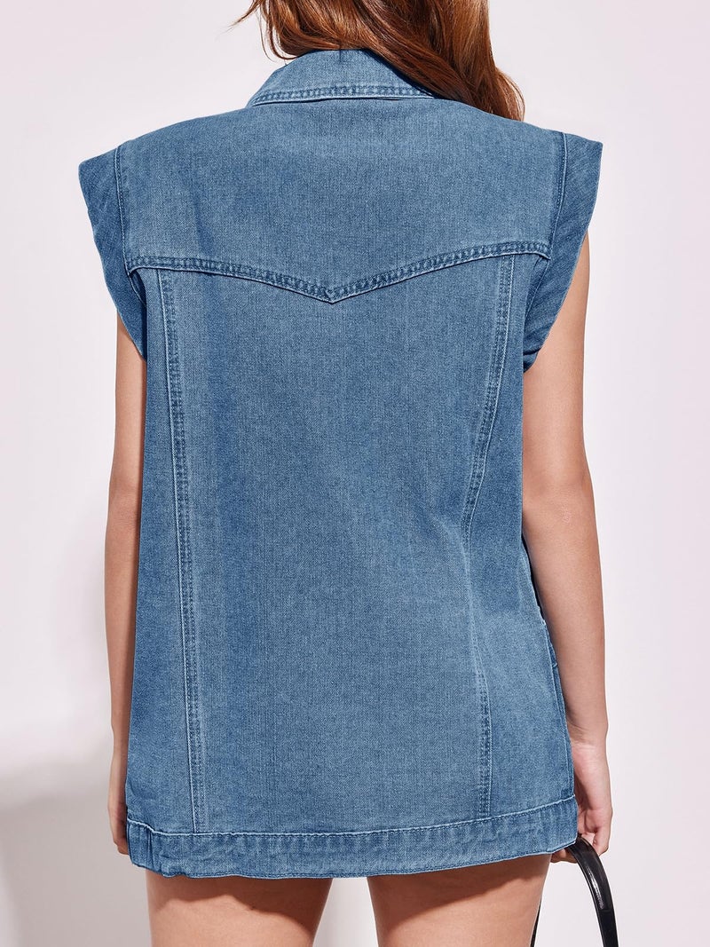 PLNOTME Womens Oversized Sleeveless Denim Vest Classic Button Down Jean Vest Casual Utility Lapel Jean Jacket - Image 3