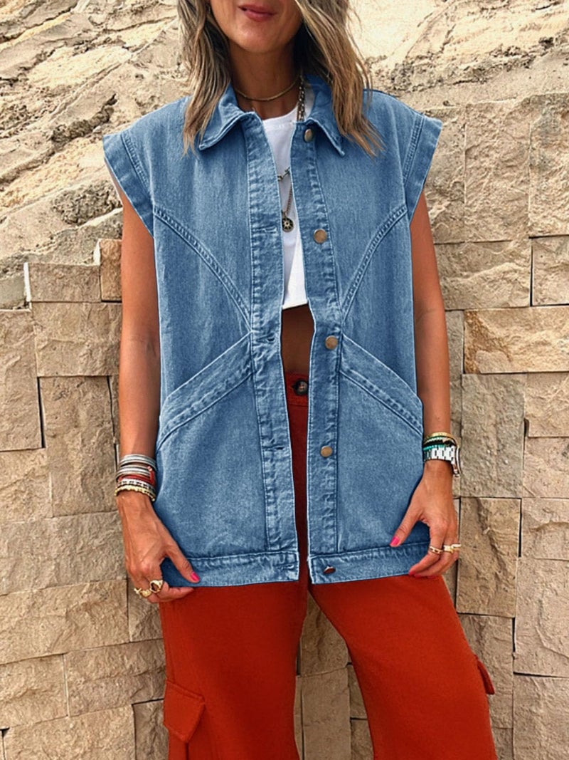 PLNOTME Womens Oversized Sleeveless Denim Vest Classic Button Down Jean Vest Casual Utility Lapel Jean Jacket - Image 5