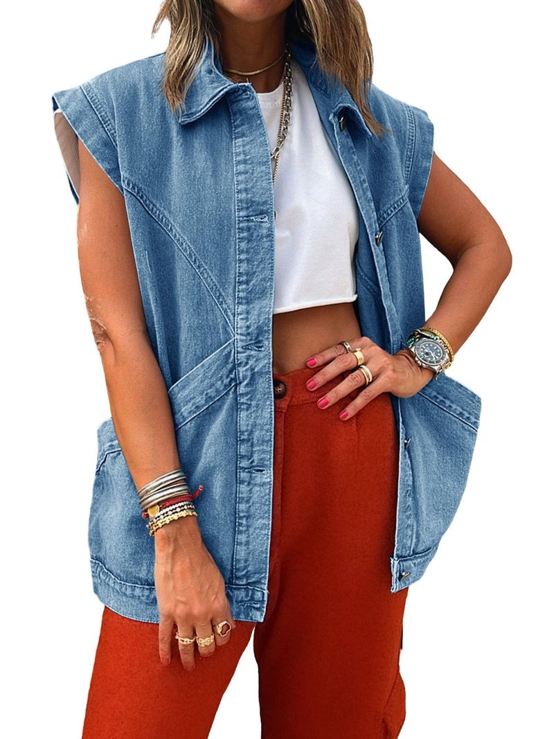 PLNOTME Womens Oversized Sleeveless Denim Vest Classic Button Down Jean Vest Casual Utility Lapel Jean Jacket - Image 1