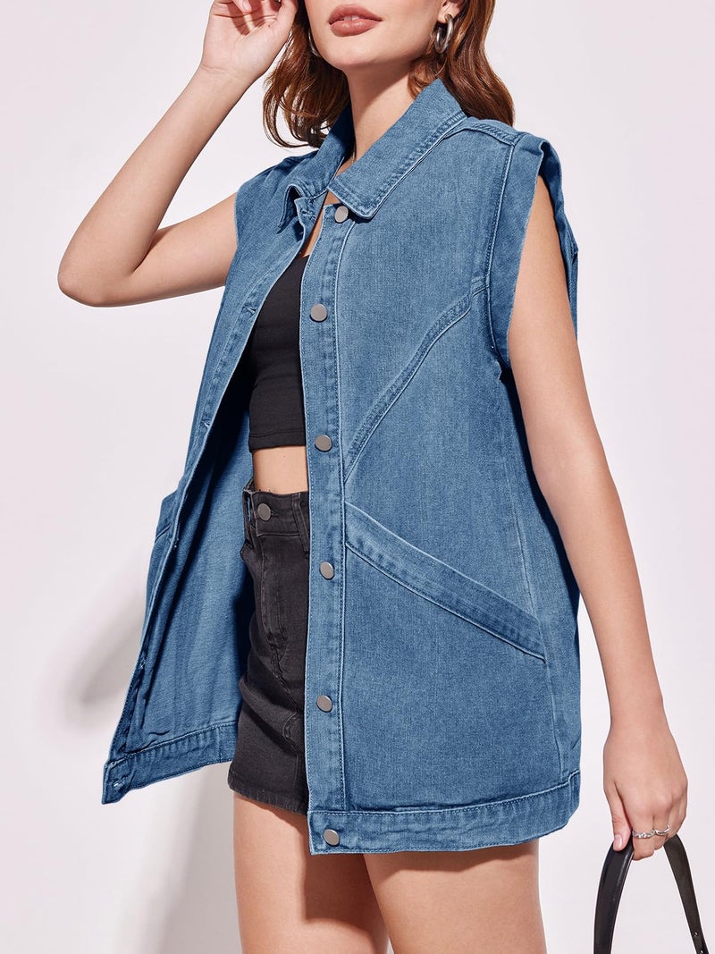 PLNOTME Womens Oversized Sleeveless Denim Vest Classic Button Down Jean Vest Casual Utility Lapel Jean Jacket - Image 2