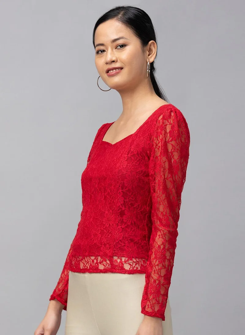 globus Globus Women Sweetheart Neck Smocked Floral Lace Top