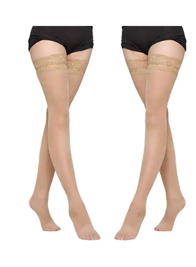 EasyLife 2 Pairs Thigh High Stockings Women's Lace Top Stay Up Silk Semi Sheer Pantyhose for Women - Image 1