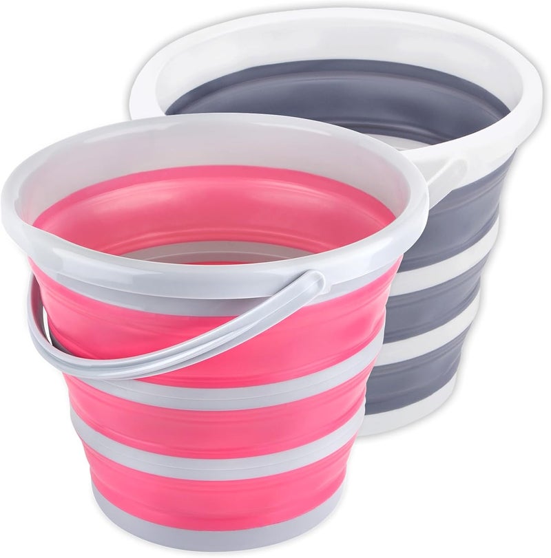 Craftend Collapsible Bucket 10L 2.6 Gallon Cleaning Bucket Mop Bucket Folding Foldable Portable Small Plastic Water Supplies for Outdoor Garden Camping Fishing Car Wash Space Saving Grey and Pink - Image 1