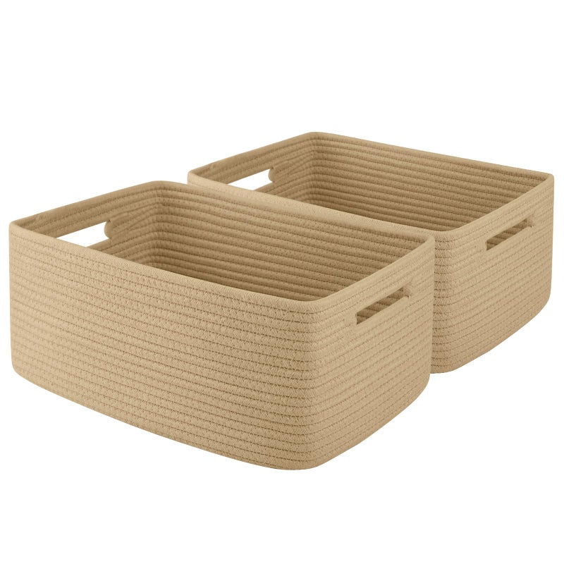 OIAHOMY Storage Basket for Shelves, Closet Cube Storage Bins Baskets for Clothes Blanket Towels, Baby Nursery, Toy Baskets Box, Woven Rope Basket, 15.75*11.81*7.09 ININ, 2 Packs Jute Yellow - Image 1