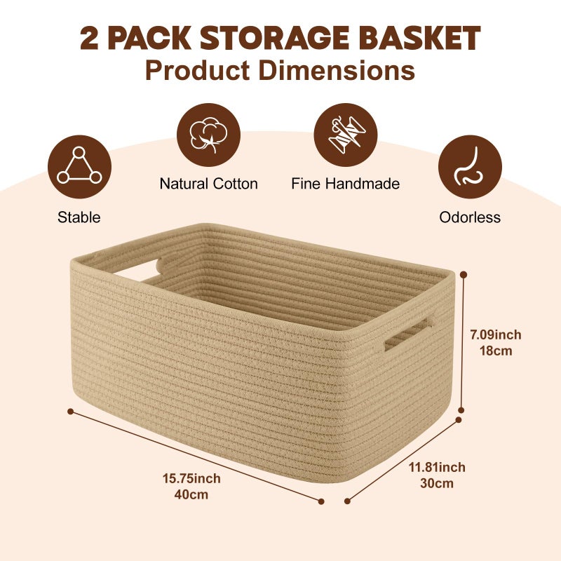 OIAHOMY Storage Basket for Shelves, Closet Cube Storage Bins Baskets for Clothes Blanket Towels, Baby Nursery, Toy Baskets Box, Woven Rope Basket, 15.75*11.81*7.09 ININ, 2 Packs Jute Yellow - Image 2