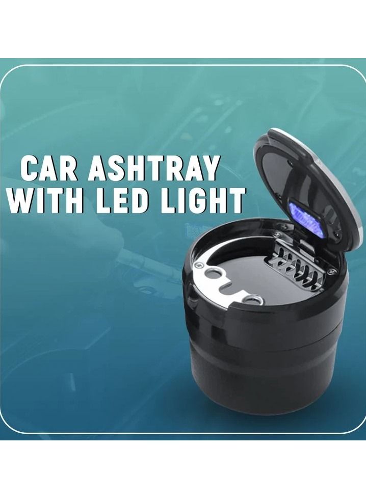 Car Ashtray with LED Light, Flame Retardant and High Temperature Resistant, Portable Ashtray with Lid for Car Cup Holder, Removable Design, ABS Base, Smoke Extinguishing Slot, 7.8x7.7x7.5cm – Black - Image 1