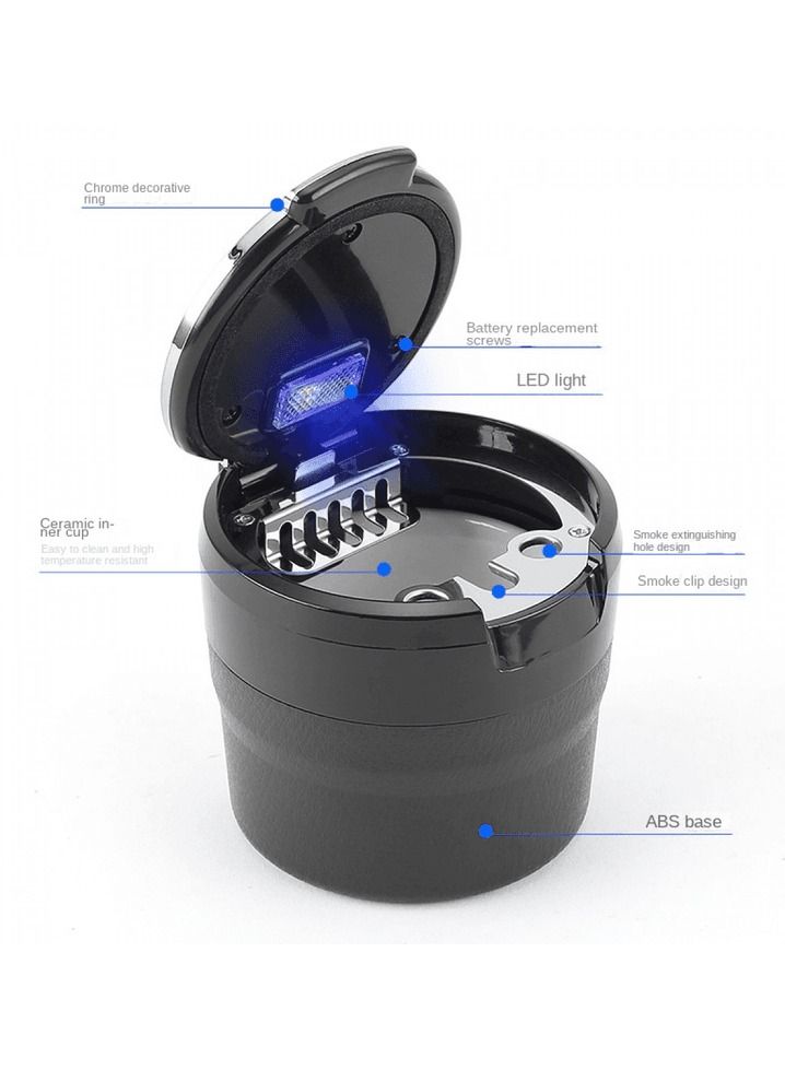Car Ashtray with LED Light, Flame Retardant and High Temperature Resistant, Portable Ashtray with Lid for Car Cup Holder, Removable Design, ABS Base, Smoke Extinguishing Slot, 7.8x7.7x7.5cm – Black - Image 3