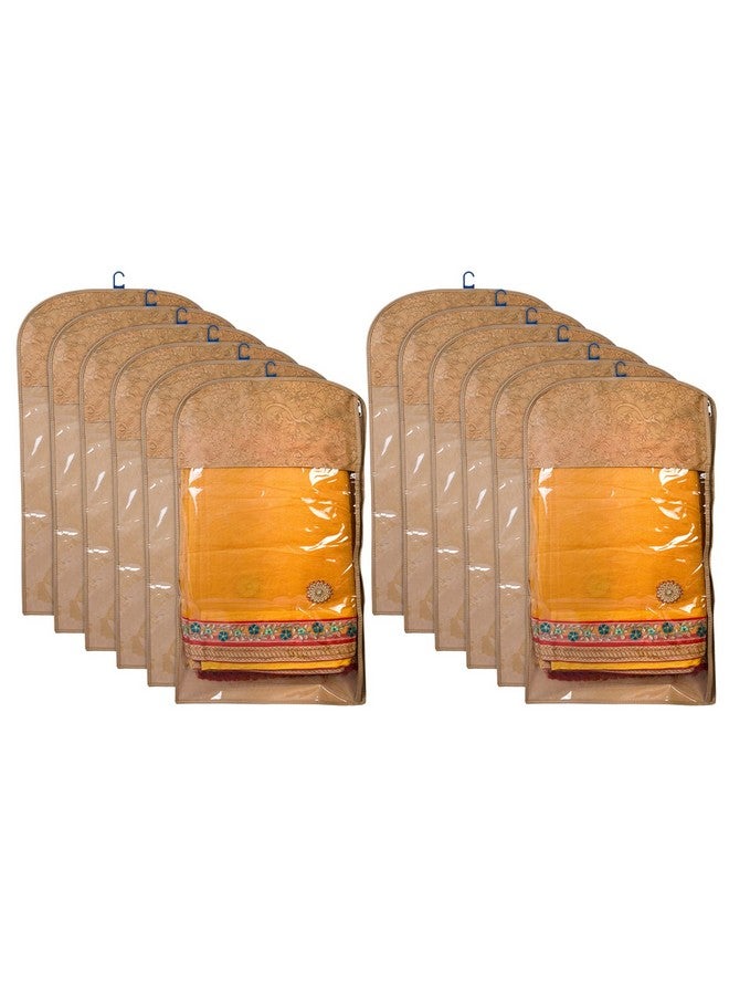 Kuber Industries Hanging Saree Cover for Clothes Storage|Non Woven Flower Pattern Wardrobe Organizer With Transparent Window|Pack of 12 (Cream) - Image 1