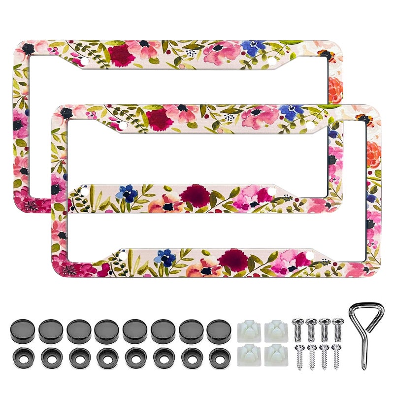 LIN KANG Pink Floral Flower License Plate Frame 2 Pack Florals License Plate Frames Holder Covers for Women Aluminum Metal RustProof Waterproof Car Decorative Tag Frames for Standard US 12x6 Inch - Image 3