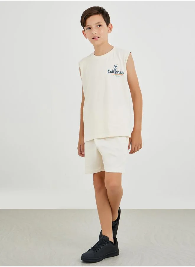 ستايلي Styli Boys Slogan Print Round Neck Tank and Drawstring Shorts Set