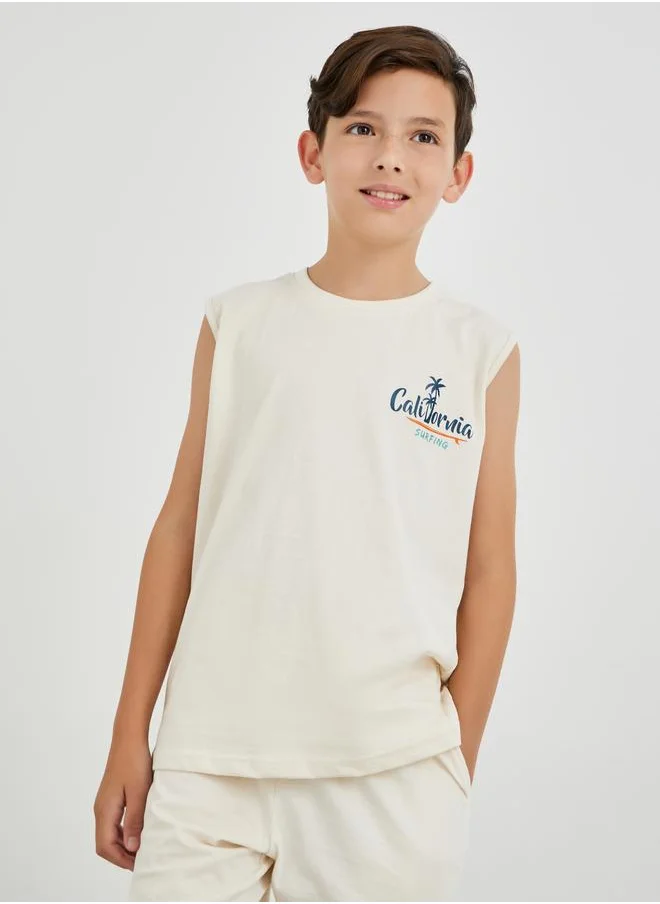 ستايلي Styli Boys Slogan Print Round Neck Tank and Drawstring Shorts Set