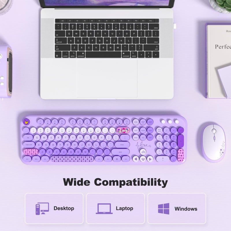MOFII Wireless Keyboard and Mouse Combo, Cute Colorful Full Size Keyboard and Adjustable Mouse, 2.4GHz Retro Typewriter Keyboard and Mouse Set for PC/Desktop/Laptop/Windows (Purple Colorful) - Image 5