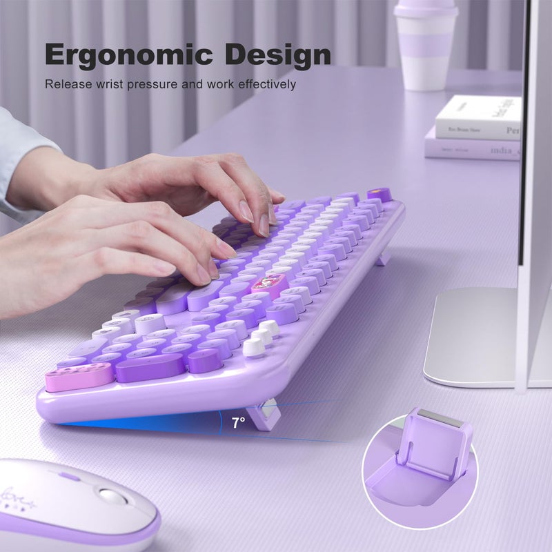 MOFII Wireless Keyboard and Mouse Combo, Cute Colorful Full Size Keyboard and Adjustable Mouse, 2.4GHz Retro Typewriter Keyboard and Mouse Set for PC/Desktop/Laptop/Windows (Purple Colorful) - Image 2